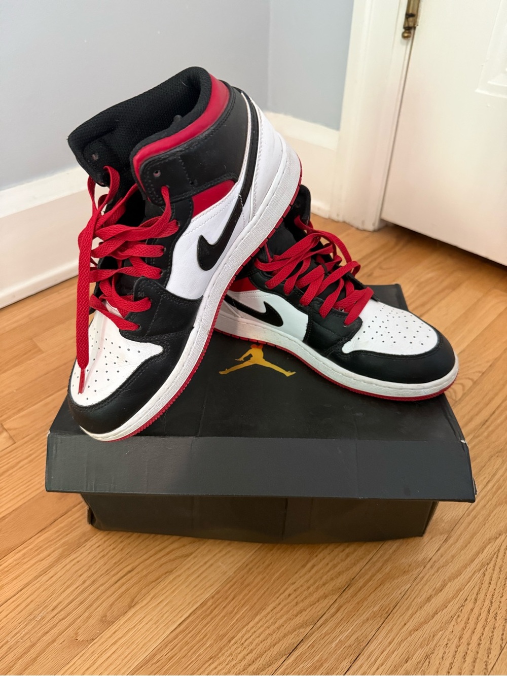Nike Kids Black White Red High-Top Sneakers with Swoosh